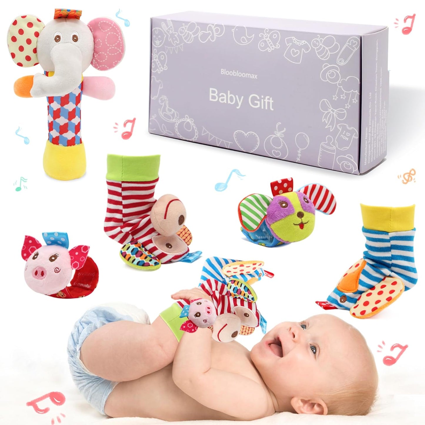 BLOOBLOOMAX Wrist Rattles Foot Finder Rattle Toy for 0-4 Months Baby, Feet Leg Ankle Socks Arm Hand Bracelet Shaker for 4-8 Months Infant Boy & Girl, Gift Set for 0-1 Years Newborn Babies (5 Pcs-B)