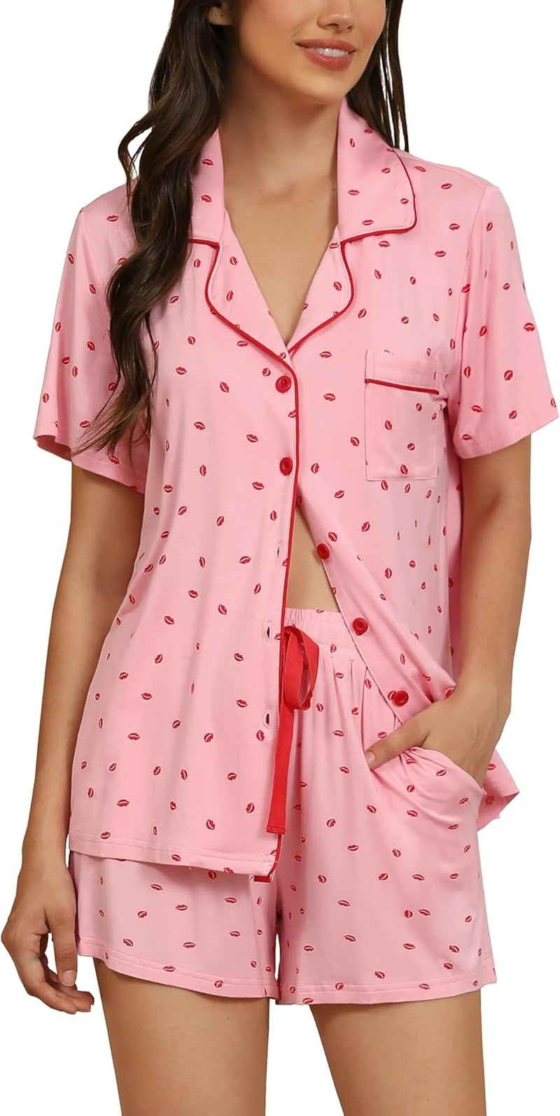 Samring Womens Pajamas Set Short Sleeve Sleepwear Button down Nightwear Shorts Soft Pj Sets S-XXL