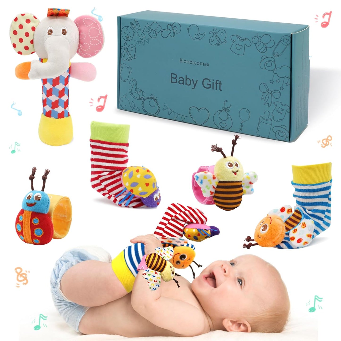 Wrist Rattles Foot Finder Rattle Sock Baby Toy, Rattle Toy, Arm Hand Bracelet Rattle, Feet Leg Ankle Socks, Activity Rattle Present Gift for Newborn Infant Babies Boy Girl Bebe (8 Pcs-A)
