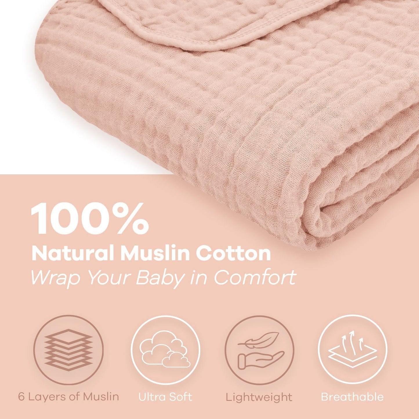 Comfy Cubs Muslin Baby Blanket - Soft, Lightweight, 6-Layer Cotton Swaddle Blankets for Newborns, Infants & Toddlers - 40" X 40" Large, Breathable & Versatile for Sleeping & Tummy Time - Blush