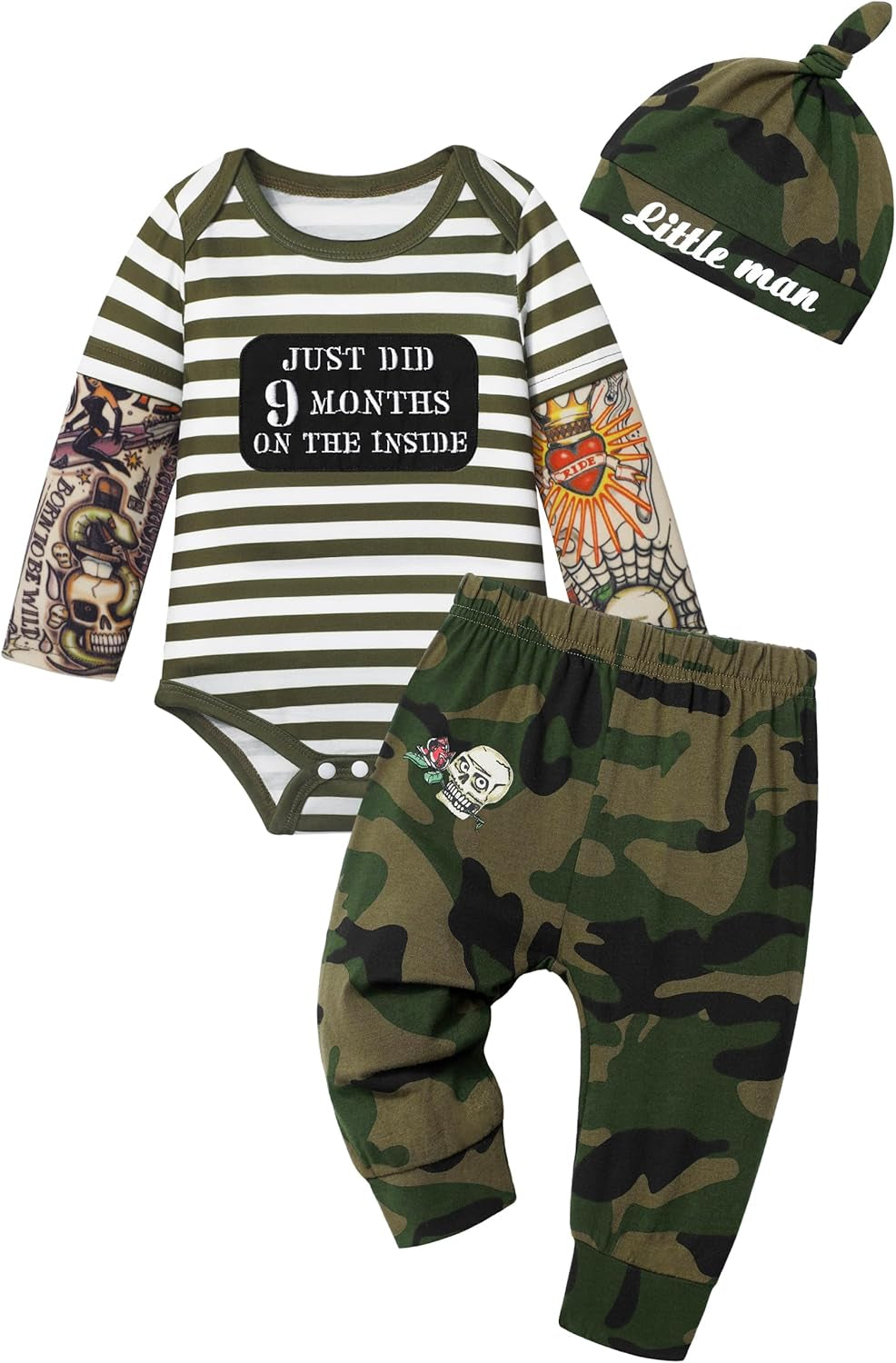 Baby Boy Clothes Tattoo Sleeve Funny Romper Bodysuit+Pants 3PCS Infant Outfits Set