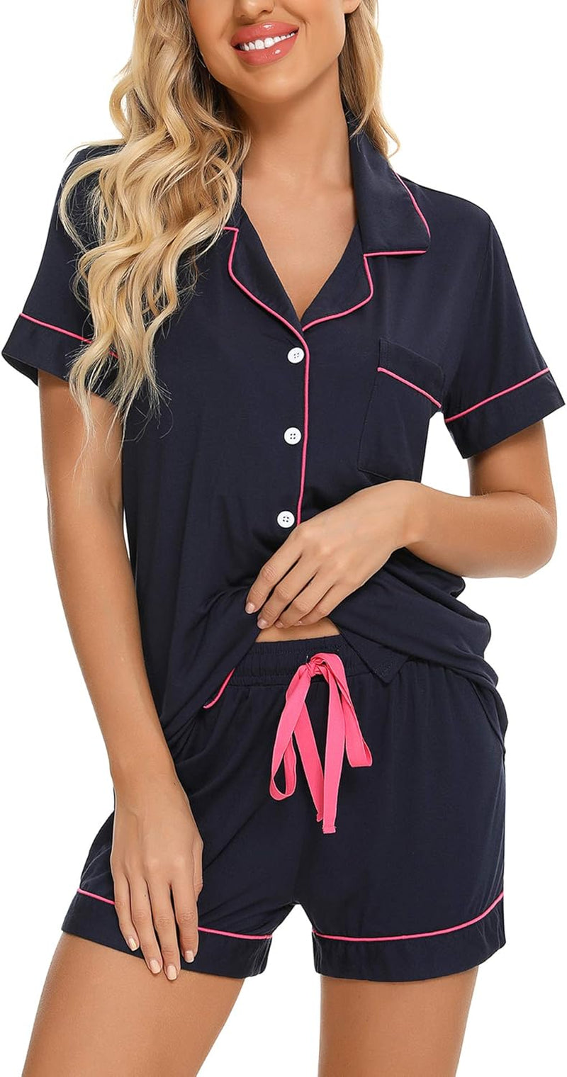 Samring Womens Pajamas Set Short Sleeve Sleepwear Button down Nightwear Shorts Soft Pj Sets S-XXL
