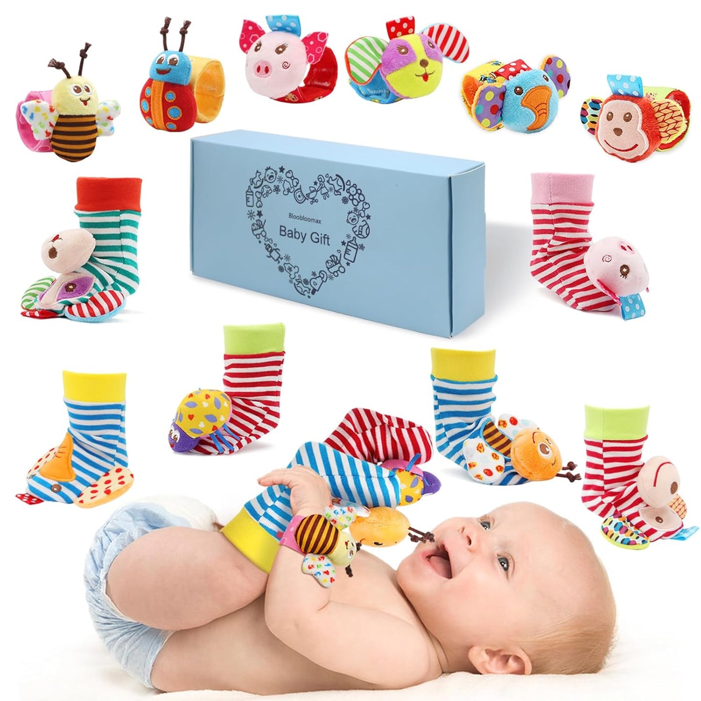 BLOOBLOOMAX Wrist Rattles Foot Finder Rattle Toy for 0-4 Months Baby, Feet Leg Ankle Socks Arm Hand Bracelet Shaker for 4-8 Months Infant Boy & Girl, Gift Set for 0-1 Years Newborn Babies (5 Pcs-B)