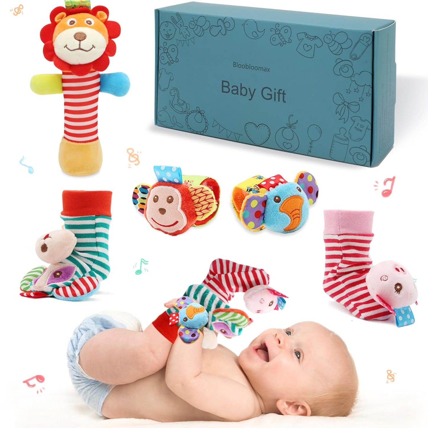 BLOOBLOOMAX Wrist Rattles Foot Finder Rattle Toy for 0-4 Months Baby, Feet Leg Ankle Socks Arm Hand Bracelet Shaker for 4-8 Months Infant Boy & Girl, Gift Set for 0-1 Years Newborn Babies (5 Pcs-B)