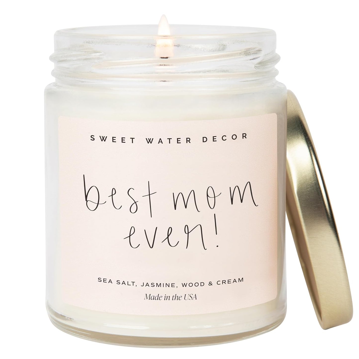 Sweet Water Decor, Best Mom Ever Candle - Sea Salt, Jasmine, Cream, and Wood Scented Soy Wax Candle for Mom - 9Oz Clear Jar, 40 Hour Burn Time, Made in the USA
