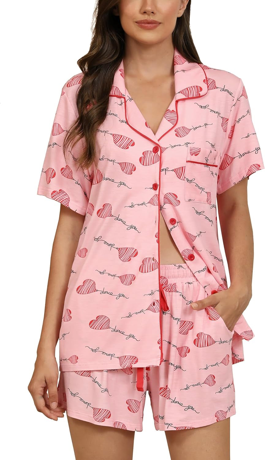 Samring Womens Pajamas Set Short Sleeve Sleepwear Button down Nightwear Shorts Soft Pj Sets S-XXL