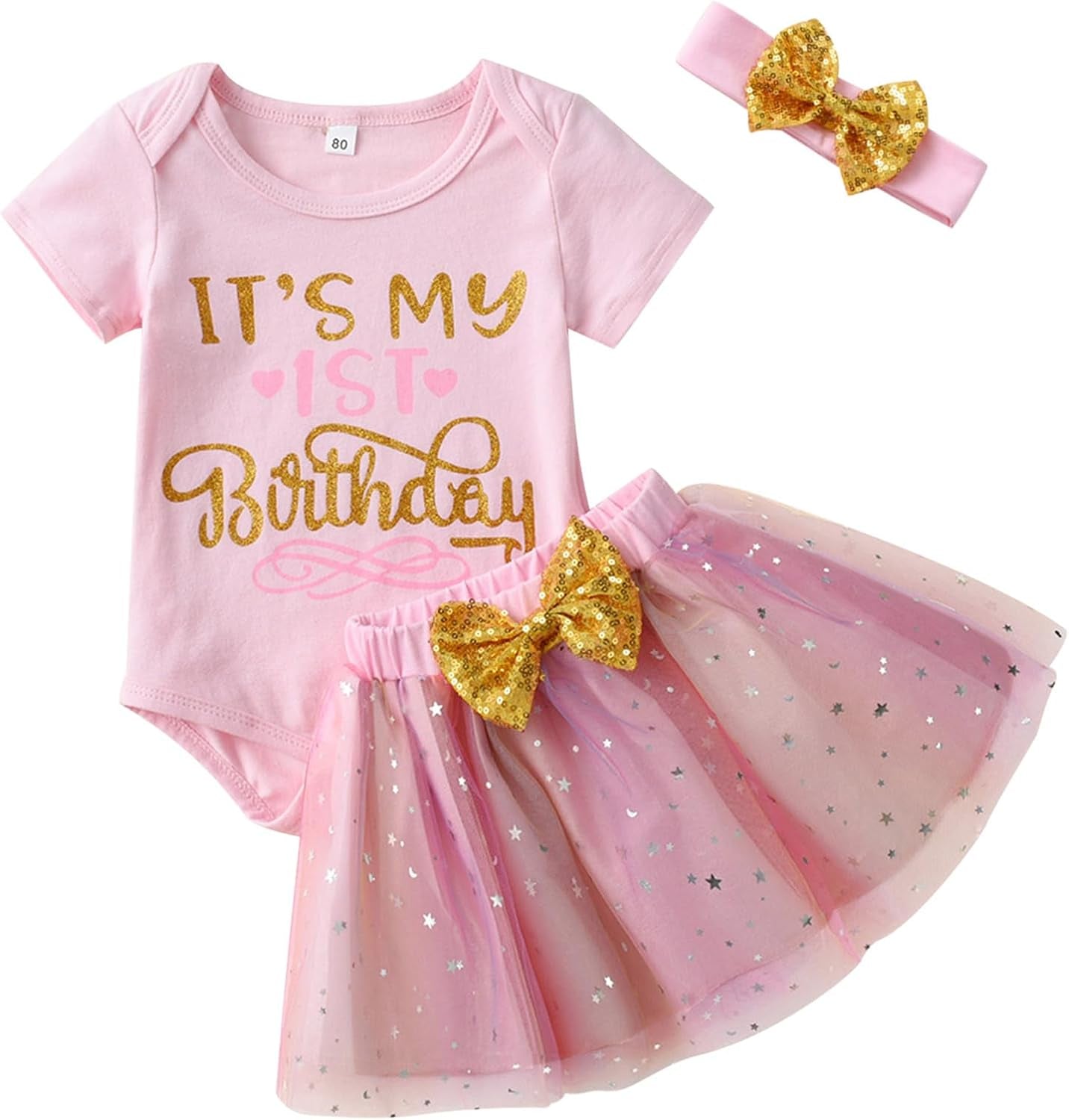 GRNSHTS Baby Girl Birthday Cake Smash Outfit Toddler Girl My 1St Birthday Romper Tutu Skirt with Headband Clothes Set