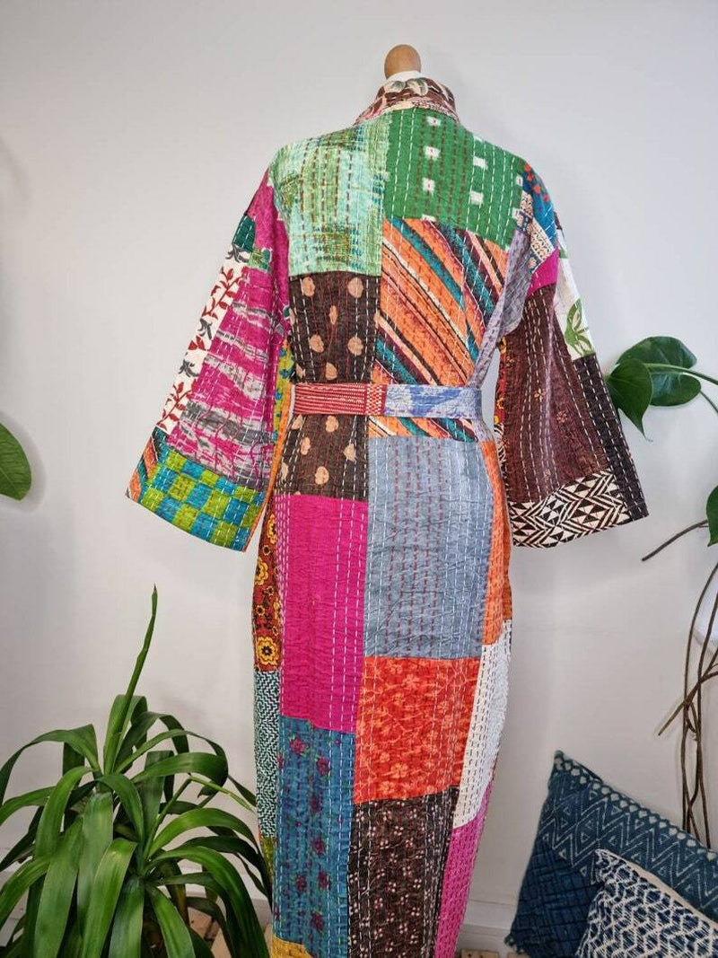 Silk Patchwork Handmade Kantha Jacket Japanese Kimono Style Kantha Robe Winter