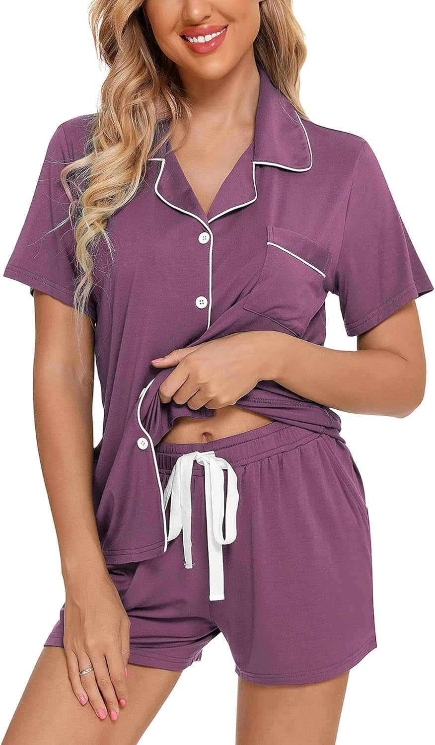 Samring Womens Pajamas Set Short Sleeve Sleepwear Button down Nightwear Shorts Soft Pj Sets S-XXL