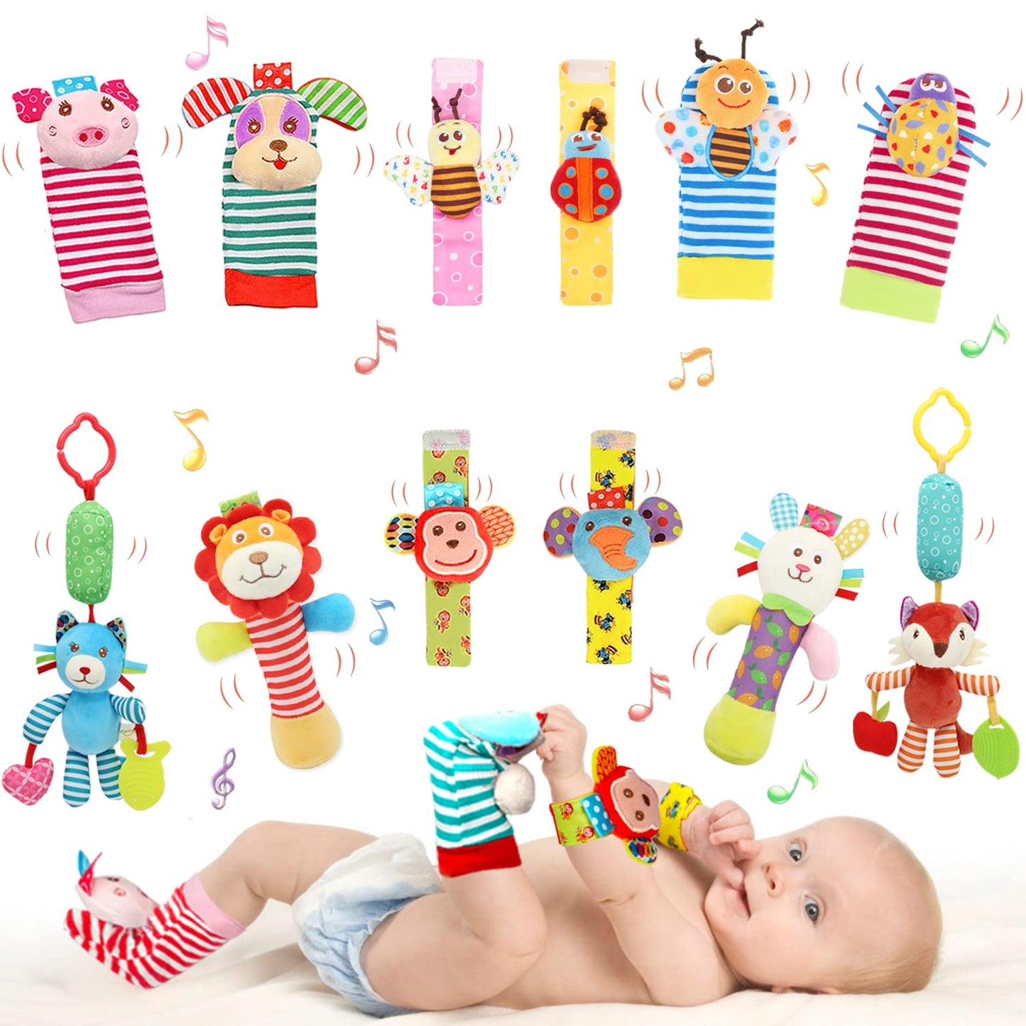 Wrist Rattles Foot Finder Rattle Sock Baby Toy, Rattle Toy, Arm Hand Bracelet Rattle, Feet Leg Ankle Socks, Activity Rattle Present Gift for Newborn Infant Babies Boy Girl Bebe (8 Pcs-A)
