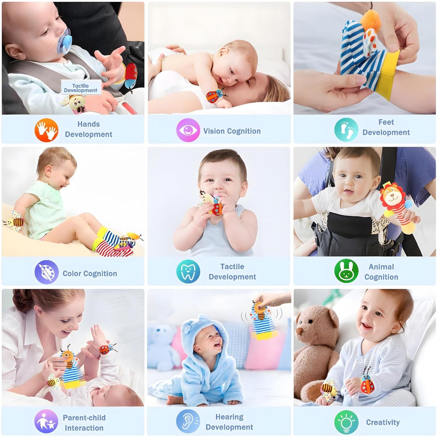 BLOOBLOOMAX Wrist Rattles Foot Finder Rattle Toy for 0-4 Months Baby, Feet Leg Ankle Socks Arm Hand Bracelet Shaker for 4-8 Months Infant Boy & Girl, Gift Set for 0-1 Years Newborn Babies (5 Pcs-B)