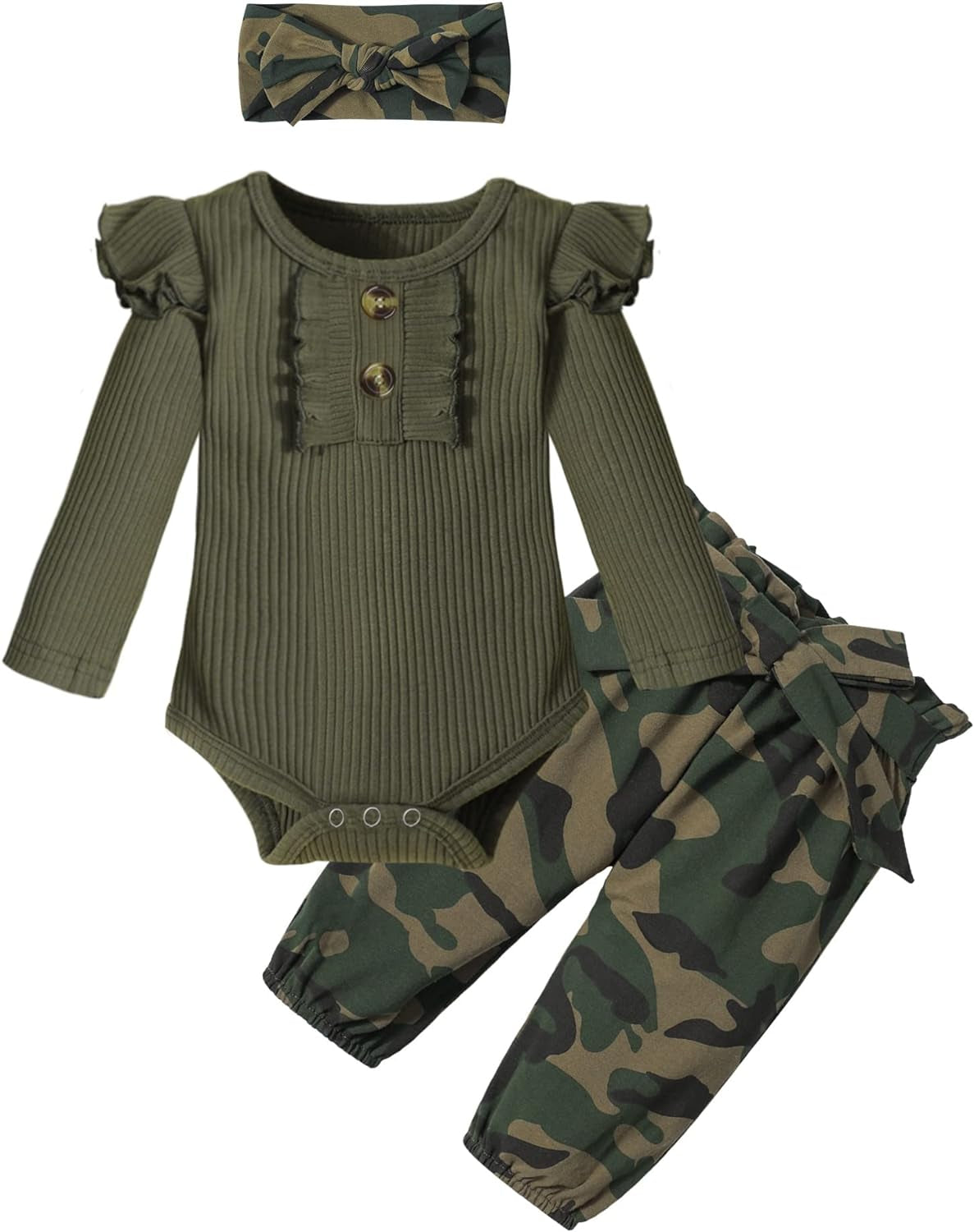 KANGKANG Newborn Baby Girl Clothes Ribbed Ruffle Sleeve Romper + Floral Pants + Headband Cute Infant Baby Girl Outfit 3Pcs