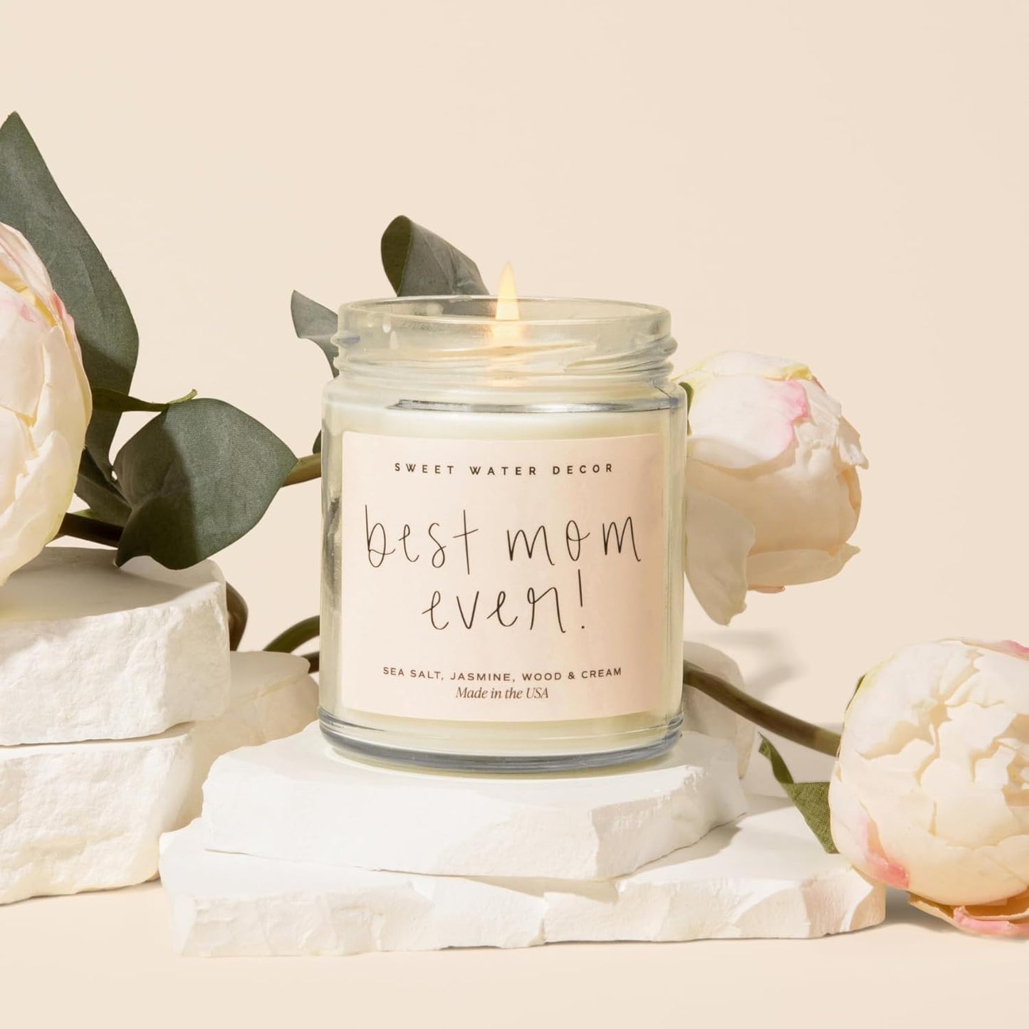 Sweet Water Decor, Best Mom Ever Candle - Sea Salt, Jasmine, Cream, and Wood Scented Soy Wax Candle for Mom - 9Oz Clear Jar, 40 Hour Burn Time, Made in the USA