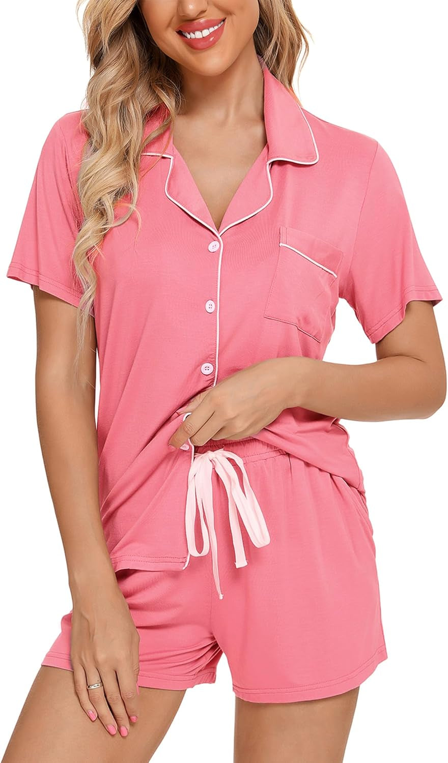 Samring Womens Pajamas Set Short Sleeve Sleepwear Button down Nightwear Shorts Soft Pj Sets S-XXL
