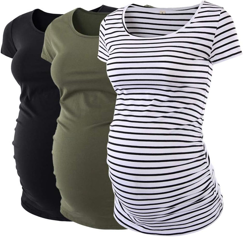 Liu & Qu Womens Maternity Tops Short Sleeve round Neck Pregnancy Shirts 3 Packs
