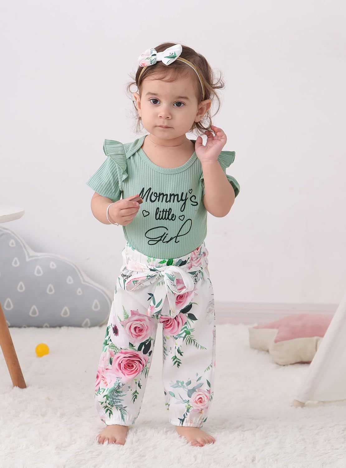 Nilikastta Baby Girl Clothes Newborn Infant Girl Outfits,Short Sleeve Bodysuit Ruffled Floaral Pants Headband Set(Light Green,12-18M)