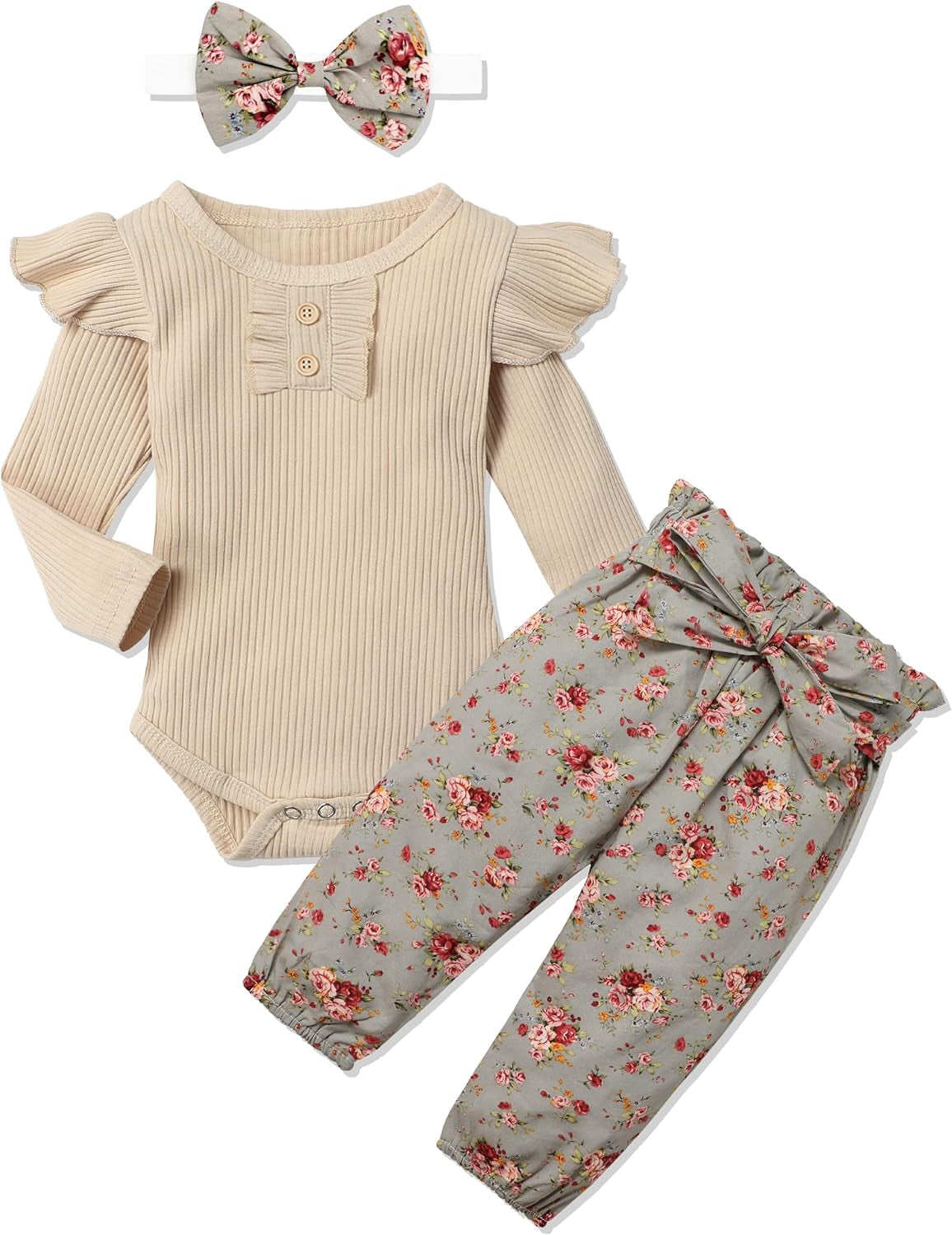 KANGKANG Newborn Baby Girl Clothes Ribbed Ruffle Sleeve Romper + Floral Pants + Headband Cute Infant Baby Girl Outfit 3Pcs