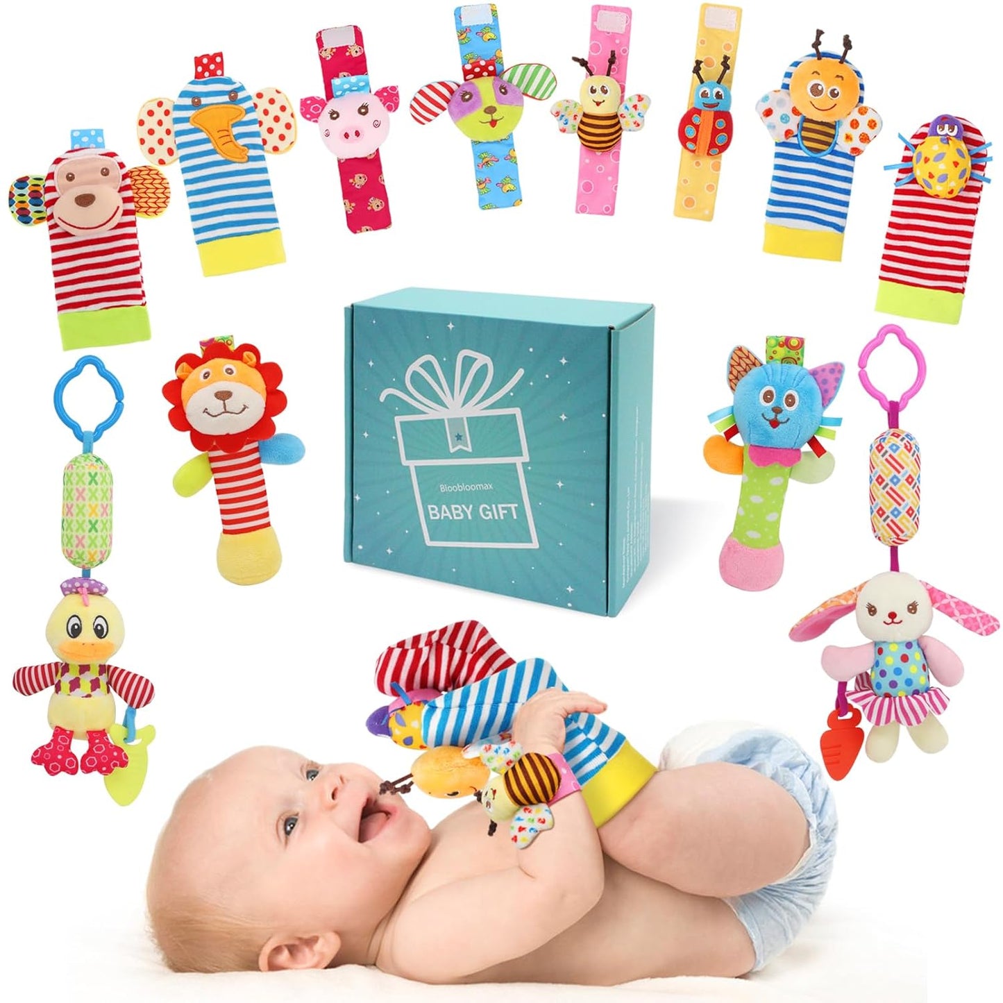 BLOOBLOOMAX Wrist Rattles Foot Finder Rattle Toy for 0-4 Months Baby, Feet Leg Ankle Socks Arm Hand Bracelet Shaker for 4-8 Months Infant Boy & Girl, Gift Set for 0-1 Years Newborn Babies (5 Pcs-B)