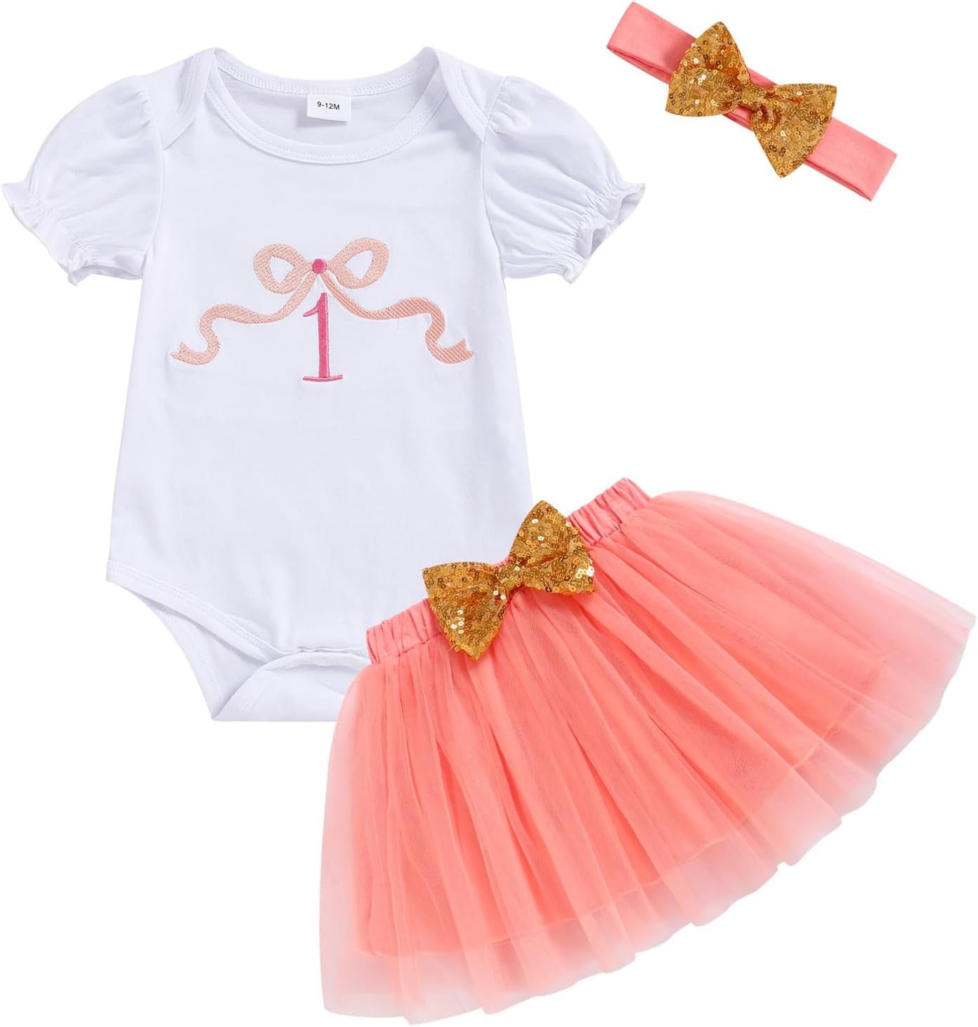 GRNSHTS Baby Girl Birthday Cake Smash Outfit Toddler Girl My 1St Birthday Romper Tutu Skirt with Headband Clothes Set