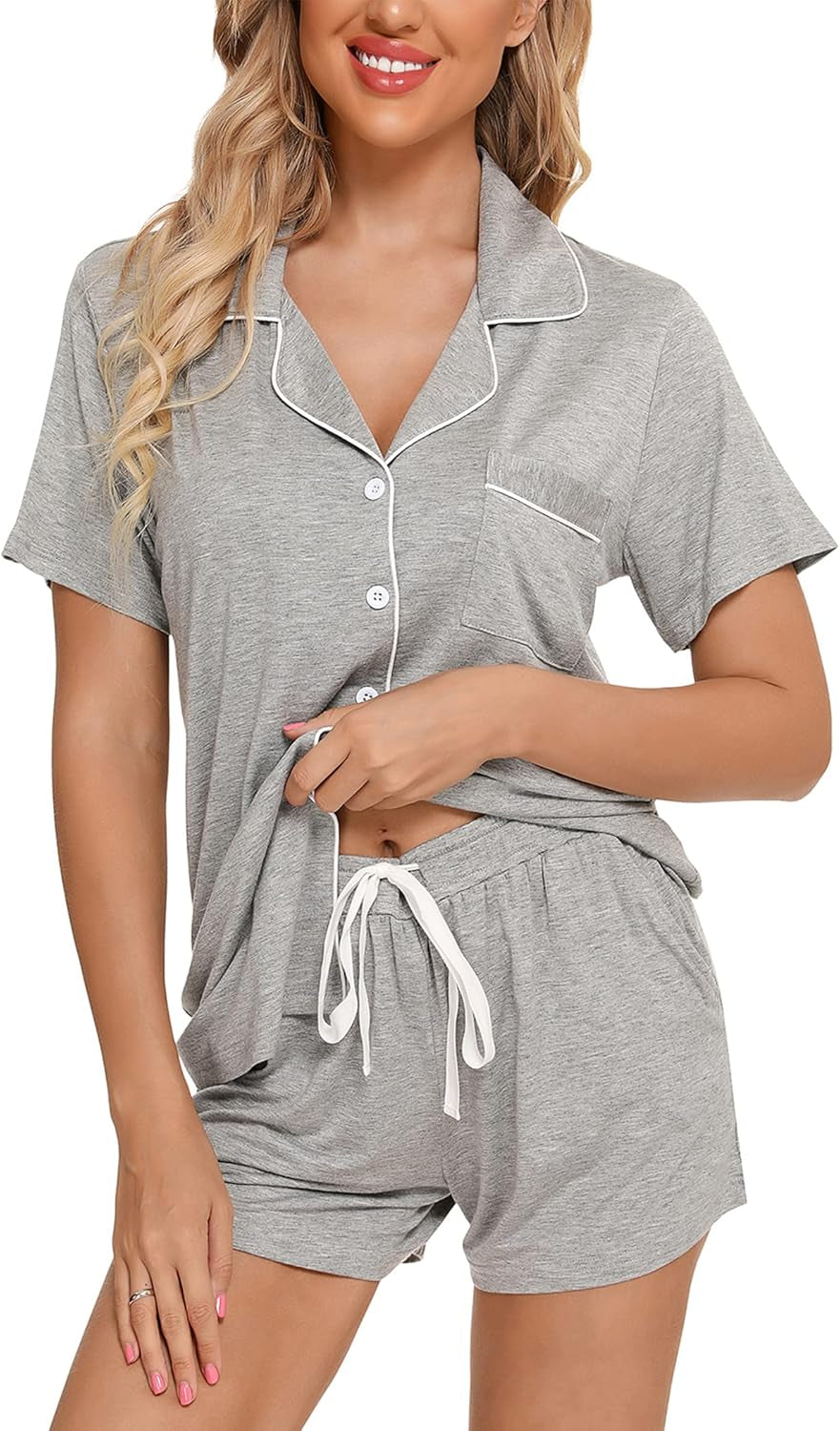 Samring Womens Pajamas Set Short Sleeve Sleepwear Button down Nightwear Shorts Soft Pj Sets S-XXL