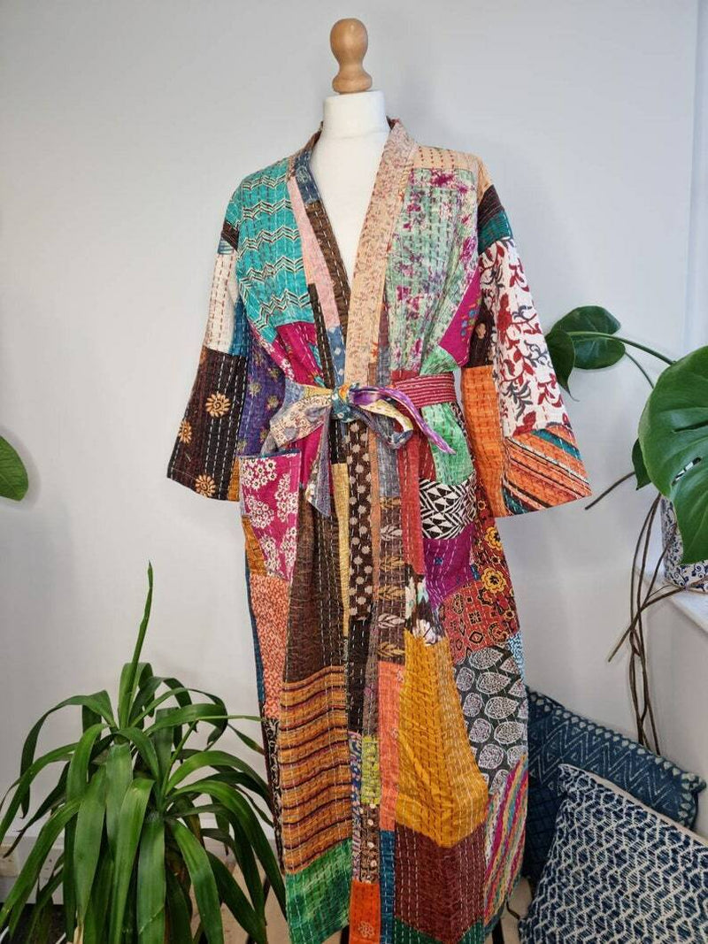 Silk Patchwork Handmade Kantha Jacket Japanese Kimono Style Kantha Robe Winter