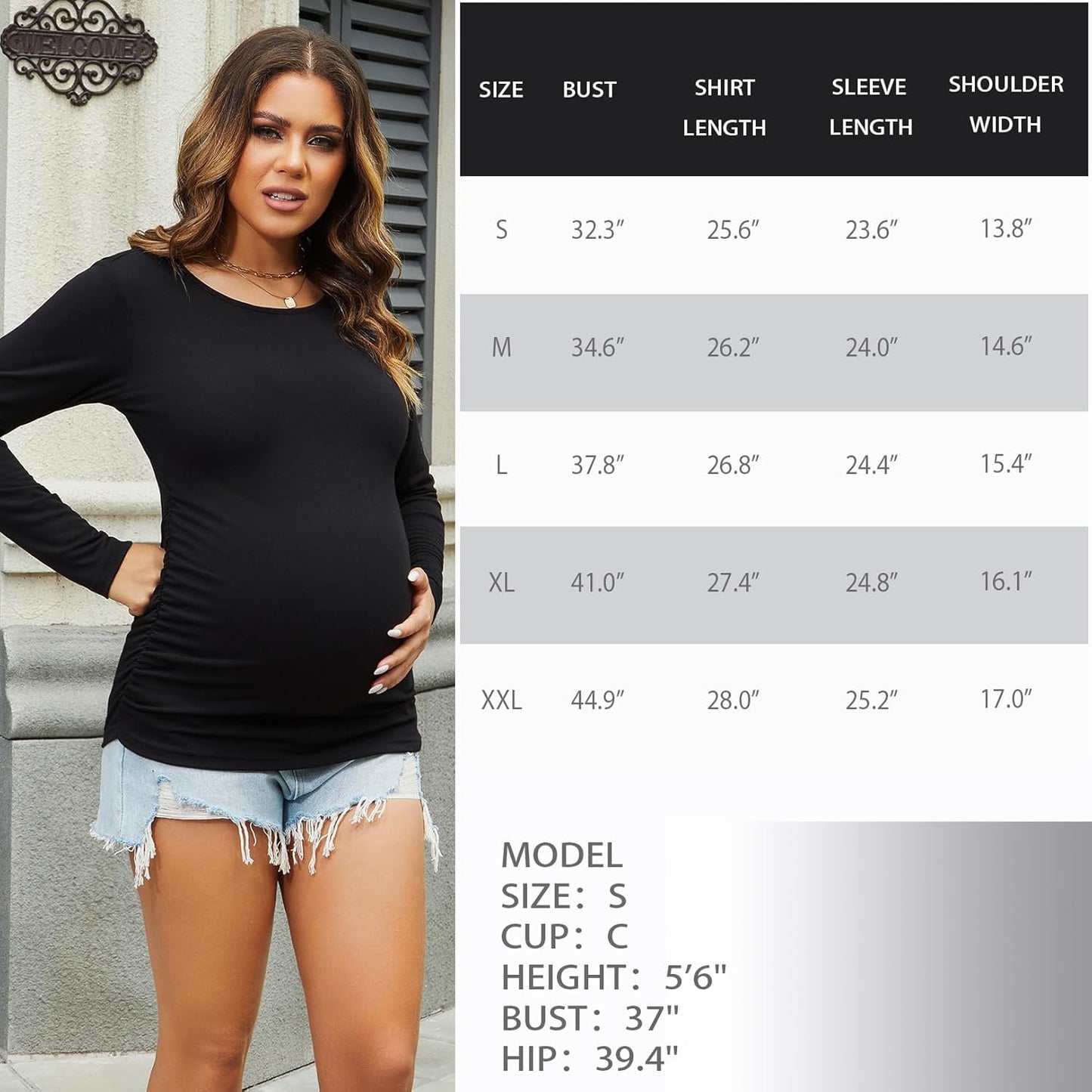 Maternity Shirt Long Sleeve Basic Top Ruch Sides Bodycon Tshirt for Pregnant Women