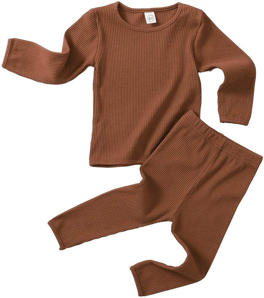Aweyoo Newborn Baby Boy Girl Clothes Unisex Solid Cotton Long Sleeve Knitted Ribbed Romper & Pants Set Infant Winter Outfits