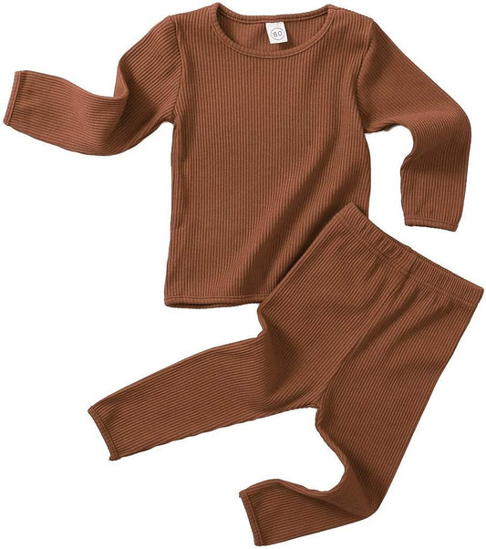 Aweyoo Newborn Baby Boy Girl Clothes Unisex Solid Cotton Long Sleeve Knitted Ribbed Romper & Pants Set Infant Winter Outfits