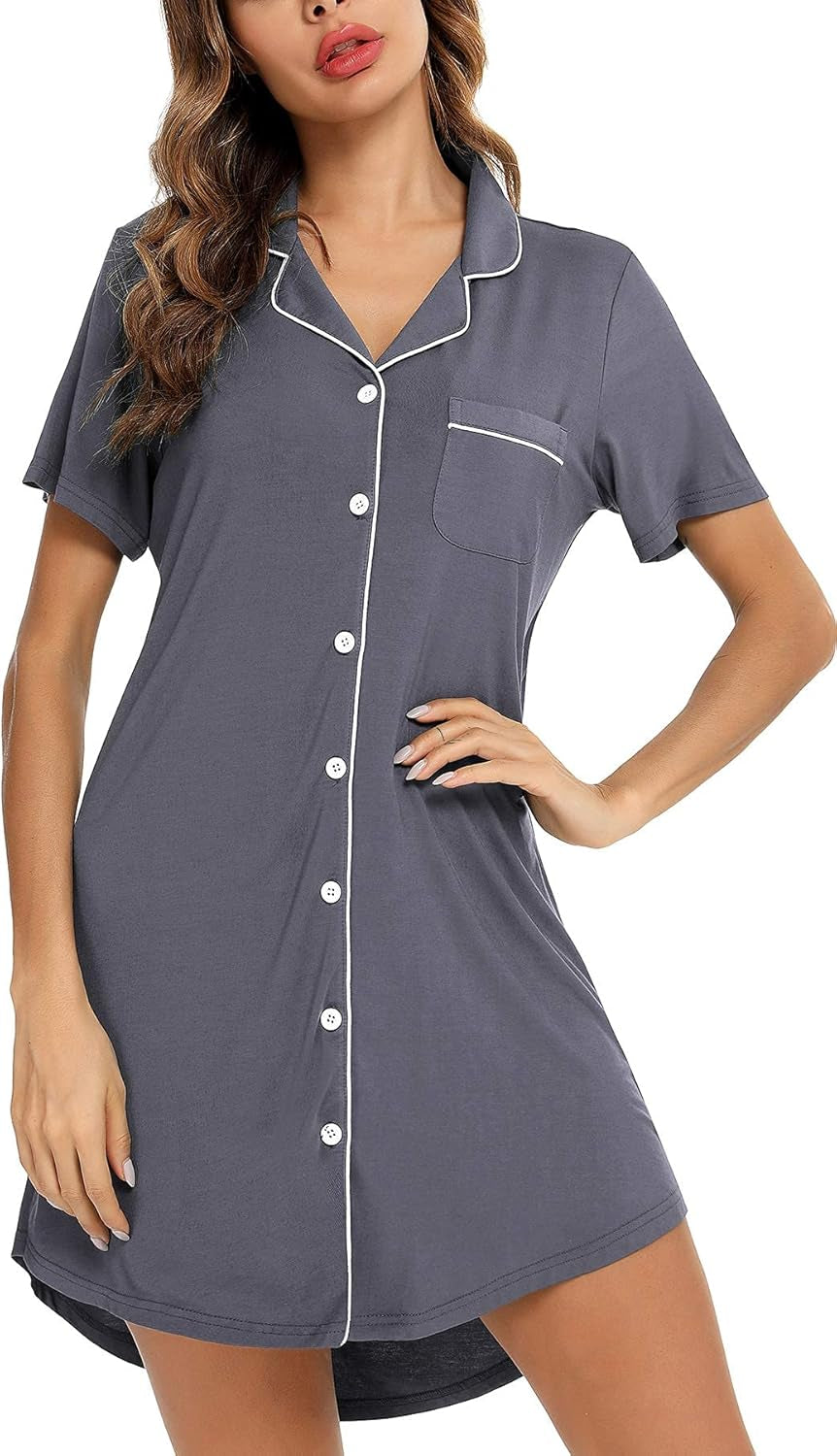 Samring Pajama Nightgown for Women Short/Long Sleeve Button down Nightwear Top Boyfriend Sleep Shirts Nightdress S-XXL