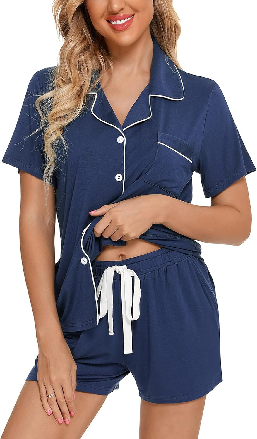 Samring Womens Pajamas Set Short Sleeve Sleepwear Button down Nightwear Shorts Soft Pj Sets S-XXL