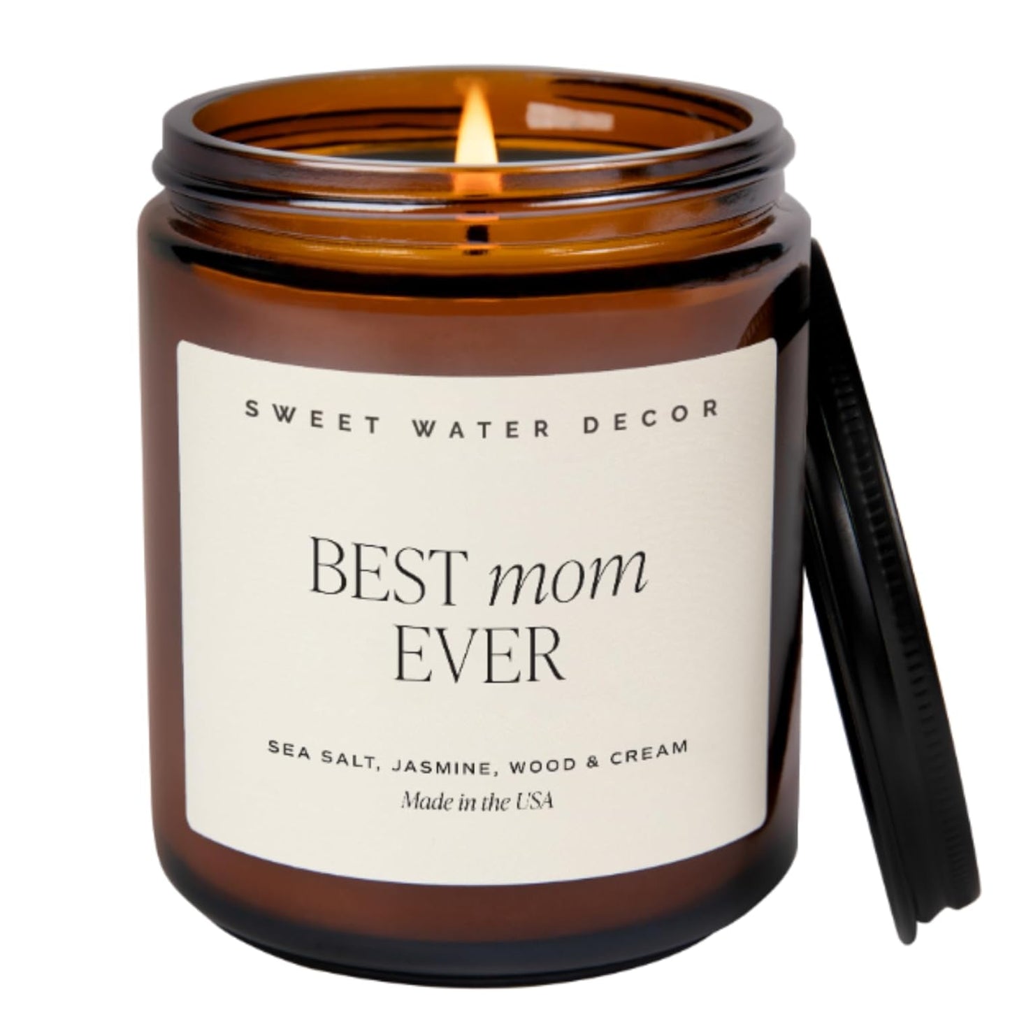 Sweet Water Decor, Best Mom Ever Candle - Sea Salt, Jasmine, Cream, and Wood Scented Soy Wax Candle for Mom - 9Oz Clear Jar, 40 Hour Burn Time, Made in the USA