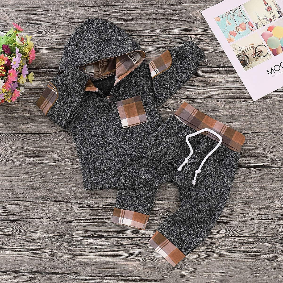 Ritatte Toddler Infant Baby Boys Clothes Plaid Long Sleeve Hoodie Sweatshirt Pants Fall Winter 4Pcs Outfits Set(Khaki Plaid, 12-18 Months)