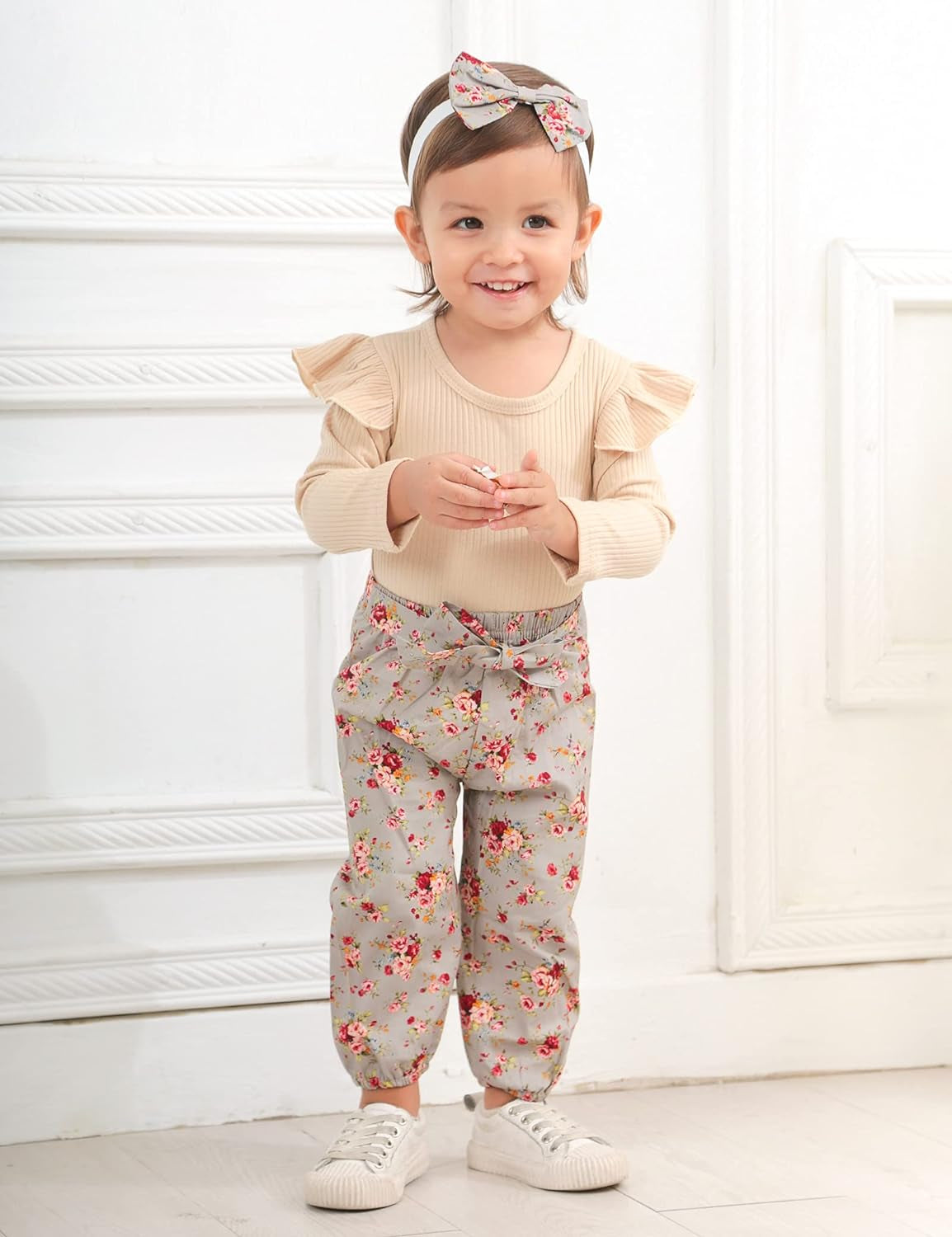 KANGKANG Newborn Baby Girl Clothes Ribbed Ruffle Sleeve Romper + Floral Pants + Headband Cute Infant Baby Girl Outfit 3Pcs