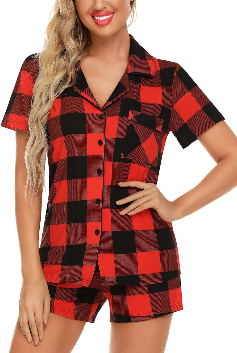 Samring Womens Pajamas Set Short Sleeve Sleepwear Button down Nightwear Shorts Soft Pj Sets S-XXL