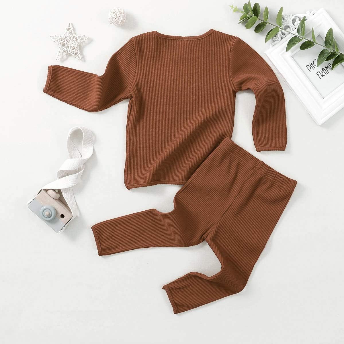 Aweyoo Newborn Baby Boy Girl Clothes Unisex Solid Cotton Long Sleeve Knitted Ribbed Romper & Pants Set Infant Winter Outfits