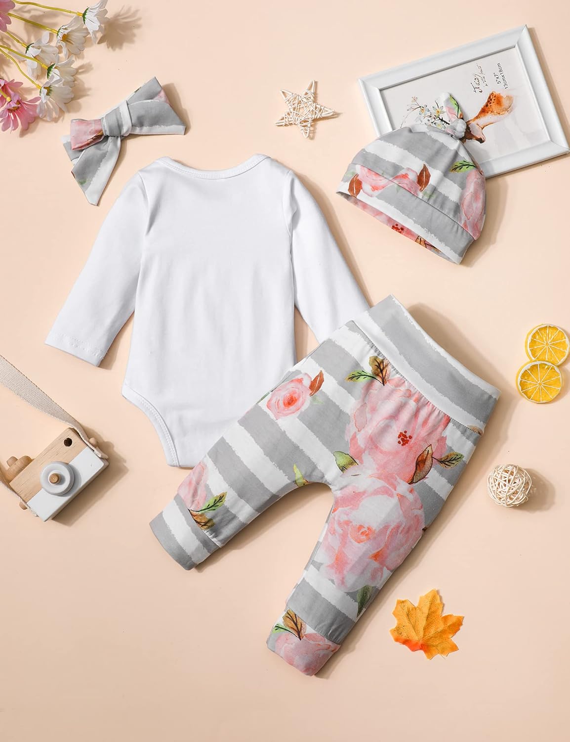 KANGKANG Newborn Baby Girl Clothes Hi I'M New Here Newborn Outfit Infant Romper Floral Pants Cute Baby Girl Outfits 4PC Set