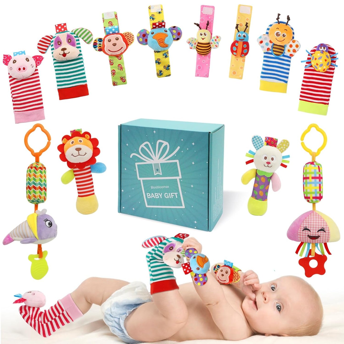 Wrist Rattles Foot Finder Rattle Sock Baby Toy, Rattle Toy, Arm Hand Bracelet Rattle, Feet Leg Ankle Socks, Activity Rattle Present Gift for Newborn Infant Babies Boy Girl Bebe (8 Pcs-A)