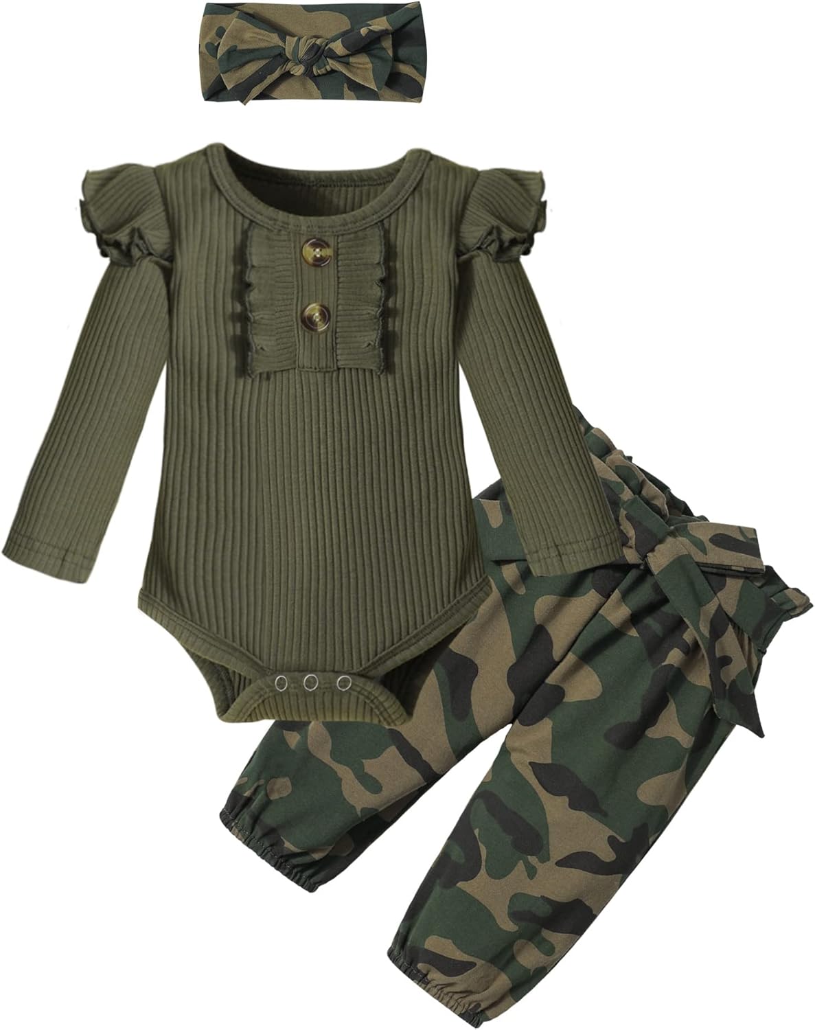 KANGKANG Newborn Baby Girl Clothes Ribbed Ruffle Sleeve Romper + Floral Pants + Headband Cute Infant Baby Girl Outfit 3Pcs