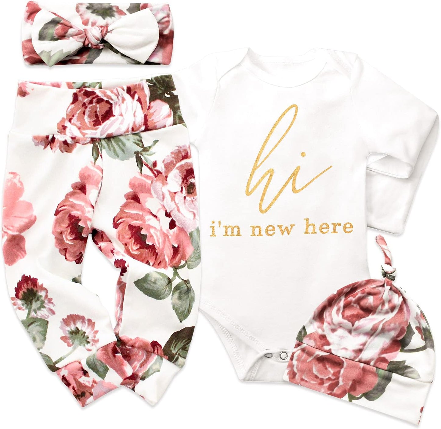 KANGKANG Newborn Baby Girl Clothes Hi I'M New Here Newborn Outfit Infant Romper Floral Pants Cute Baby Girl Outfits 4PC Set