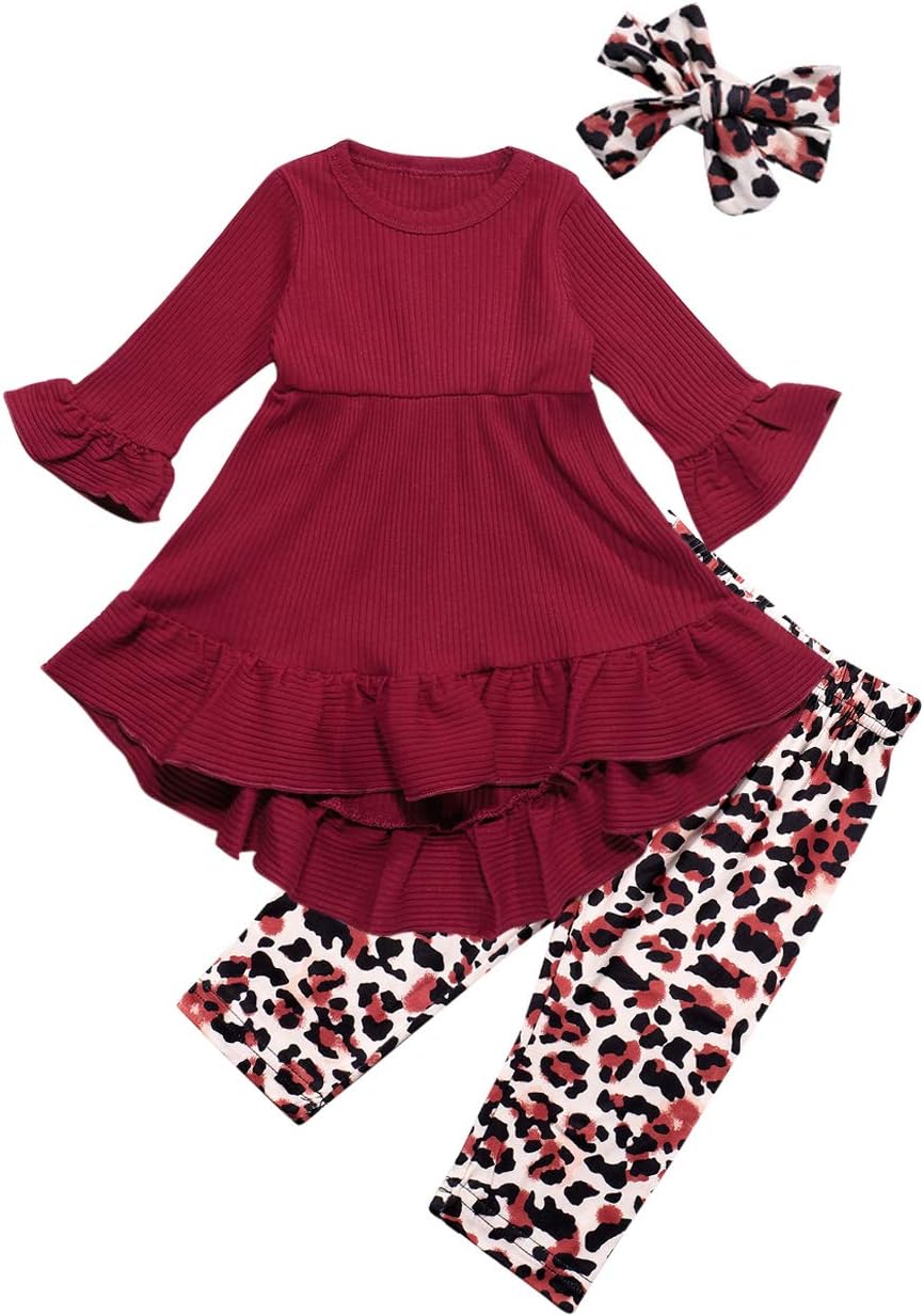 Toddler Baby Girl Clothes Solid Color Ruffle Tops Floral Pants with Cute Headband Outfit Set