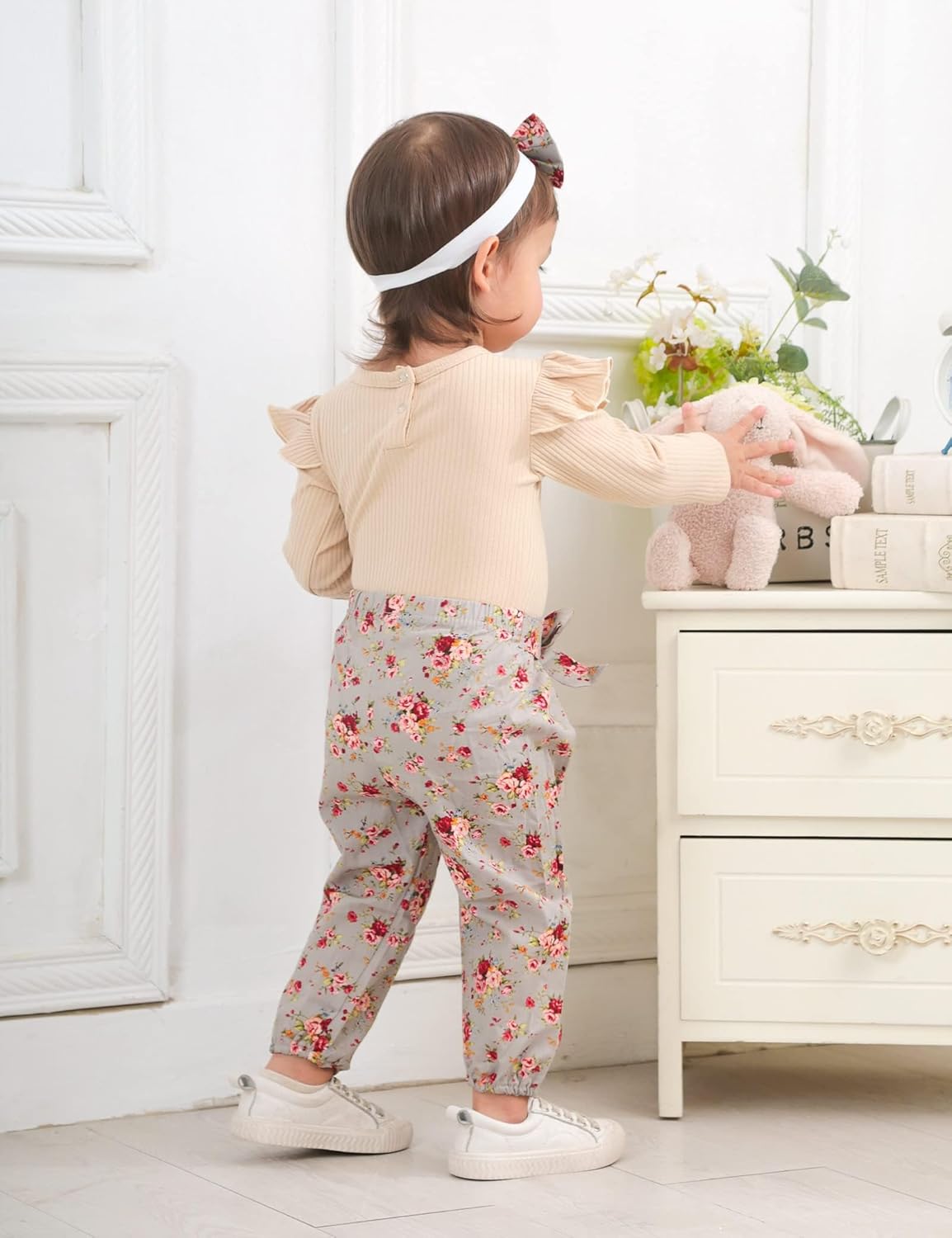 KANGKANG Newborn Baby Girl Clothes Ribbed Ruffle Sleeve Romper + Floral Pants + Headband Cute Infant Baby Girl Outfit 3Pcs