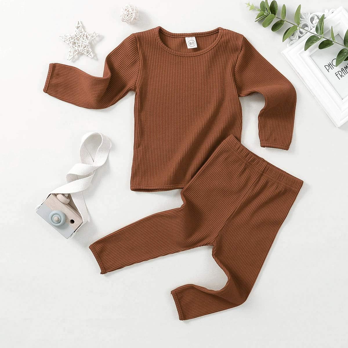 Aweyoo Newborn Baby Boy Girl Clothes Unisex Solid Cotton Long Sleeve Knitted Ribbed Romper & Pants Set Infant Winter Outfits