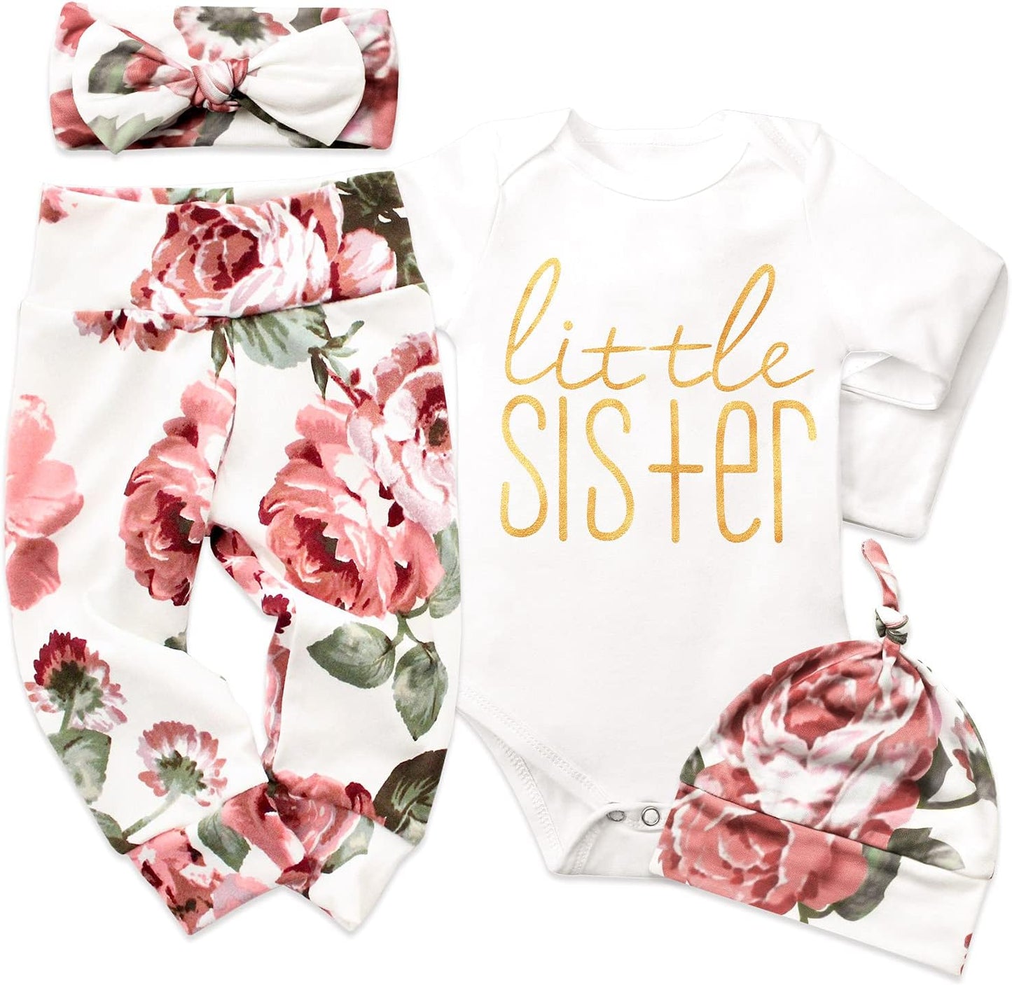 KANGKANG Newborn Baby Girl Clothes Hi I'M New Here Newborn Outfit Infant Romper Floral Pants Cute Baby Girl Outfits 4PC Set