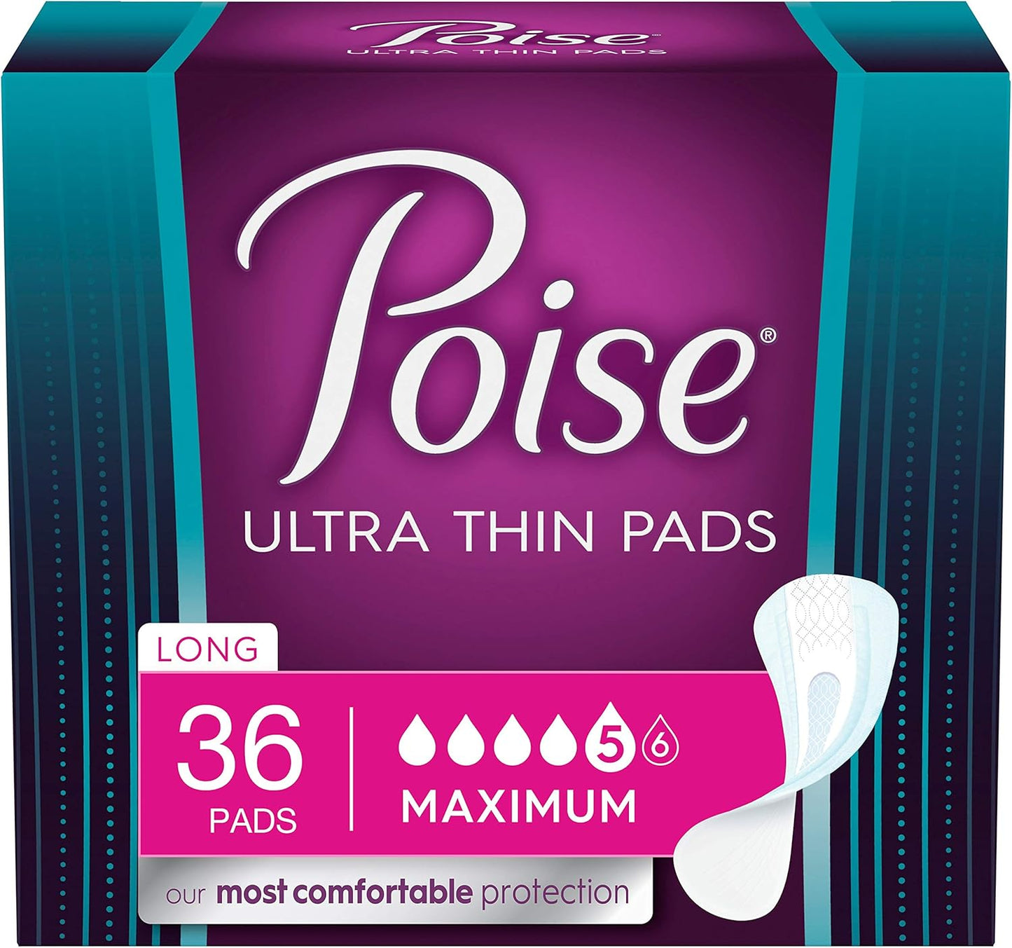 Poise Ultra Thin Incontinence Pads for Women, Maximum Absorbency, Long Length, 108 Count (3 Packs of 36) (Packaging May Vary)