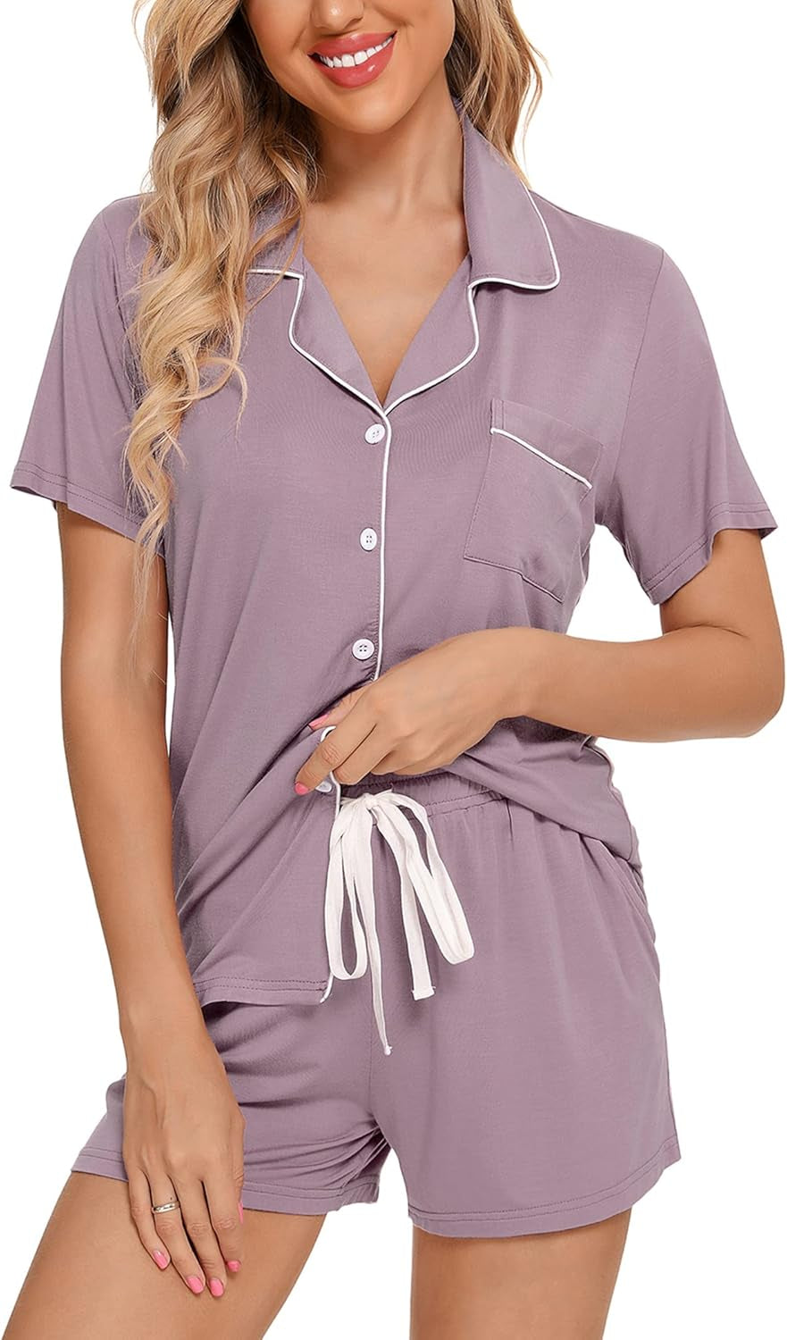 Samring Womens Pajamas Set Short Sleeve Sleepwear Button down Nightwear Shorts Soft Pj Sets S-XXL