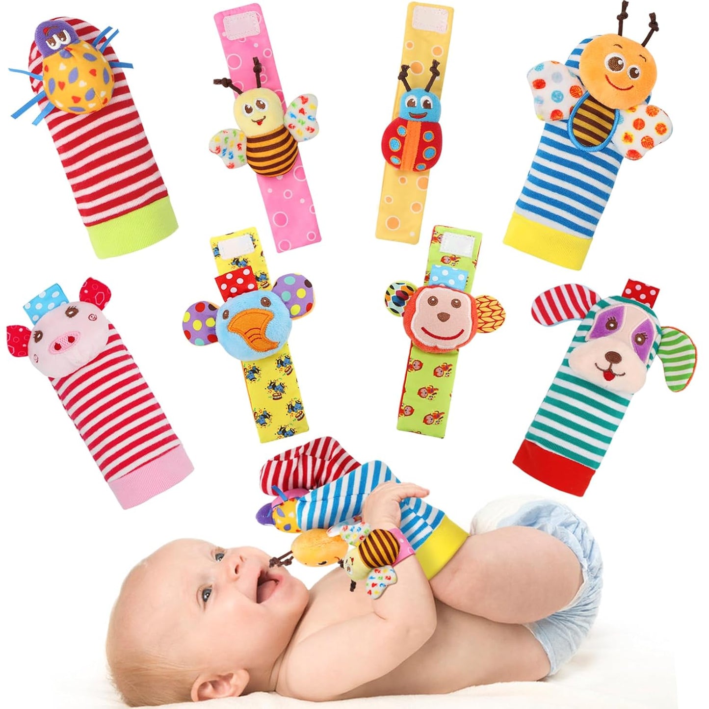 BLOOBLOOMAX Wrist Rattles Foot Finder Rattle Toy for 0-4 Months Baby, Feet Leg Ankle Socks Arm Hand Bracelet Shaker for 4-8 Months Infant Boy & Girl, Gift Set for 0-1 Years Newborn Babies (5 Pcs-B)