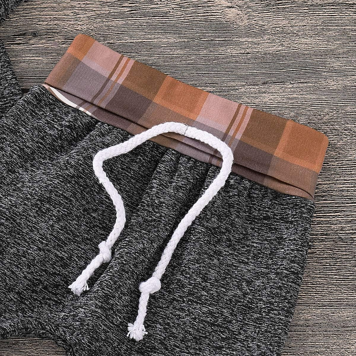 Ritatte Toddler Infant Baby Boys Clothes Plaid Long Sleeve Hoodie Sweatshirt Pants Fall Winter 4Pcs Outfits Set(Khaki Plaid, 12-18 Months)