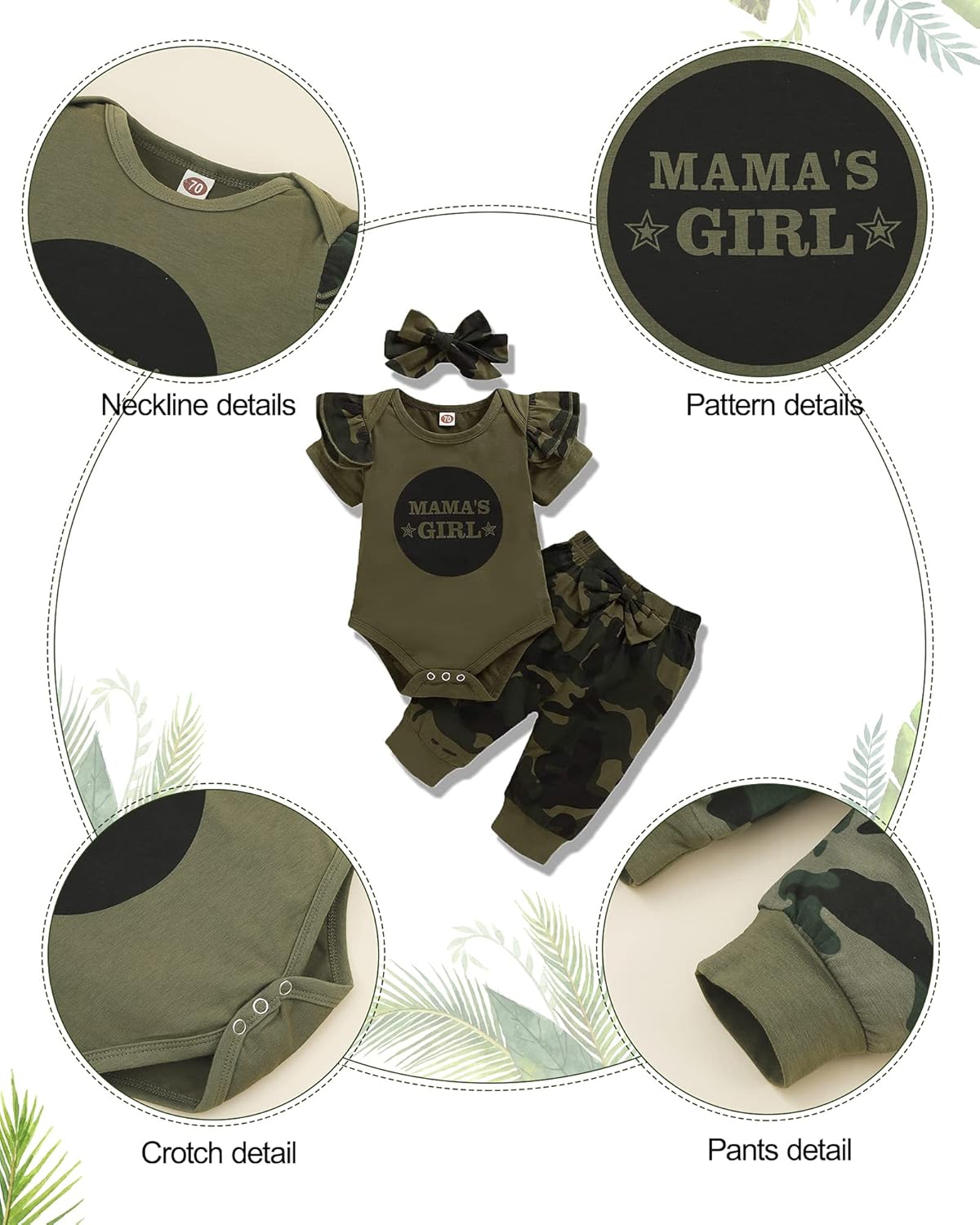 3PCS Newborn Baby Girls Clothes Infant Outfit,Romper Bodysuit Short Sleeve Tops Ruffled Jumpsuit + Camouflage Pants+Headband Casual Set(Army Green6,3-6M)