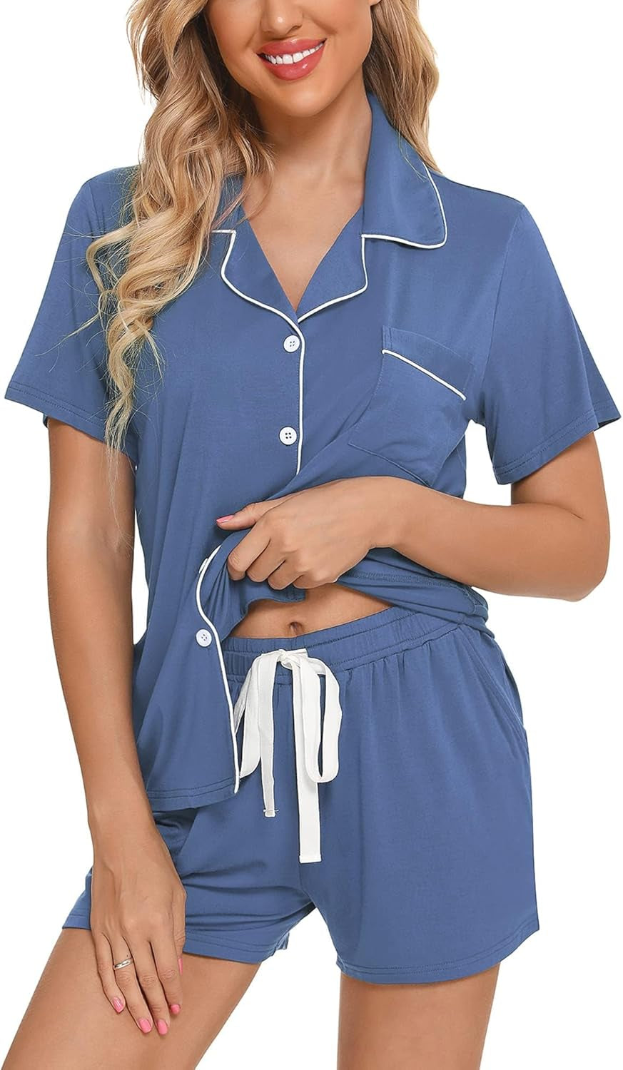 Samring Womens Pajamas Set Short Sleeve Sleepwear Button down Nightwear Shorts Soft Pj Sets S-XXL