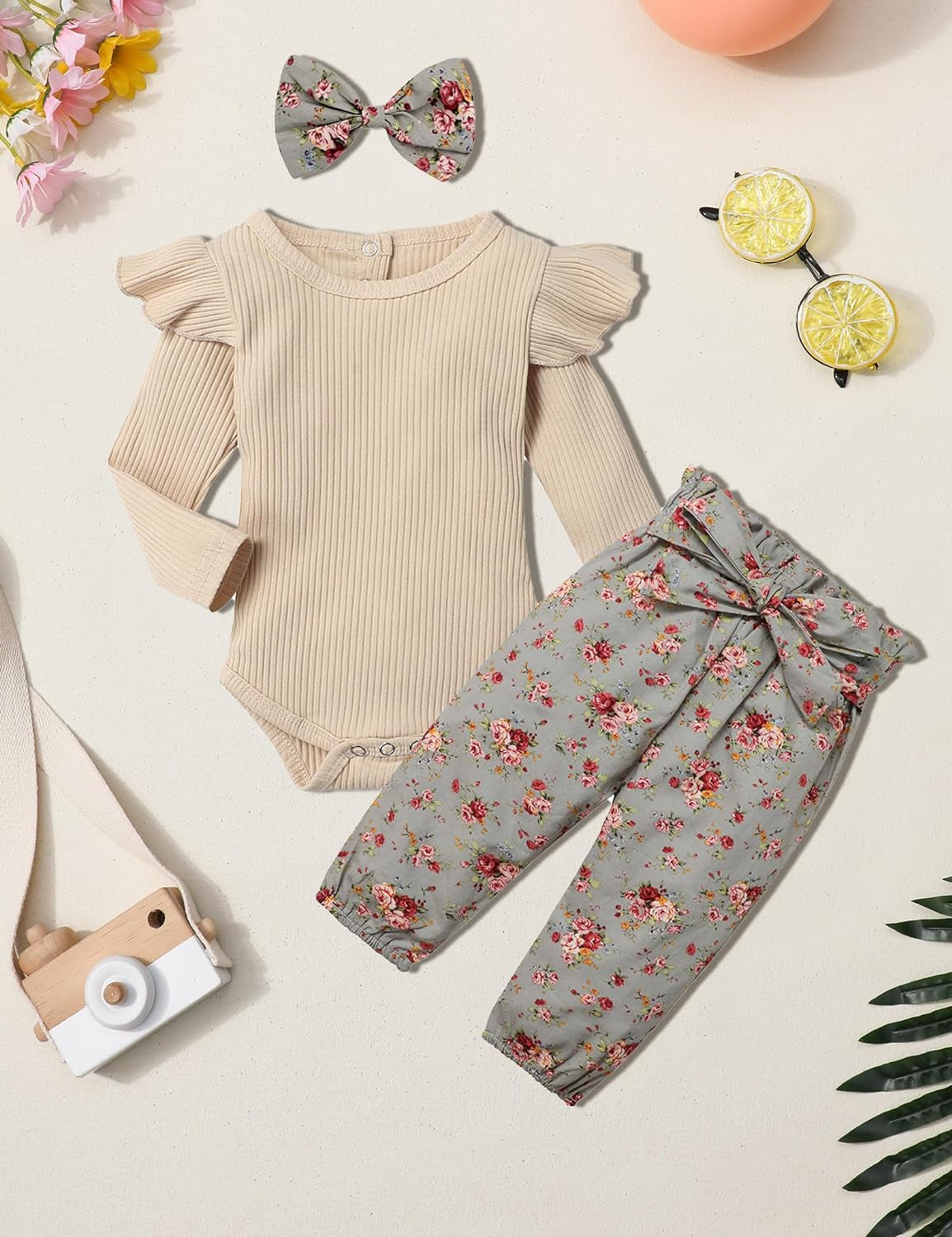 KANGKANG Newborn Baby Girl Clothes Ribbed Ruffle Sleeve Romper + Floral Pants + Headband Cute Infant Baby Girl Outfit 3Pcs
